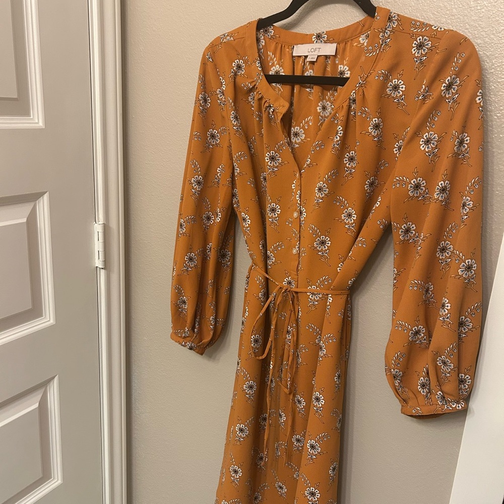LOFT Yellow Wrap Sundress with Bishop Sleeves